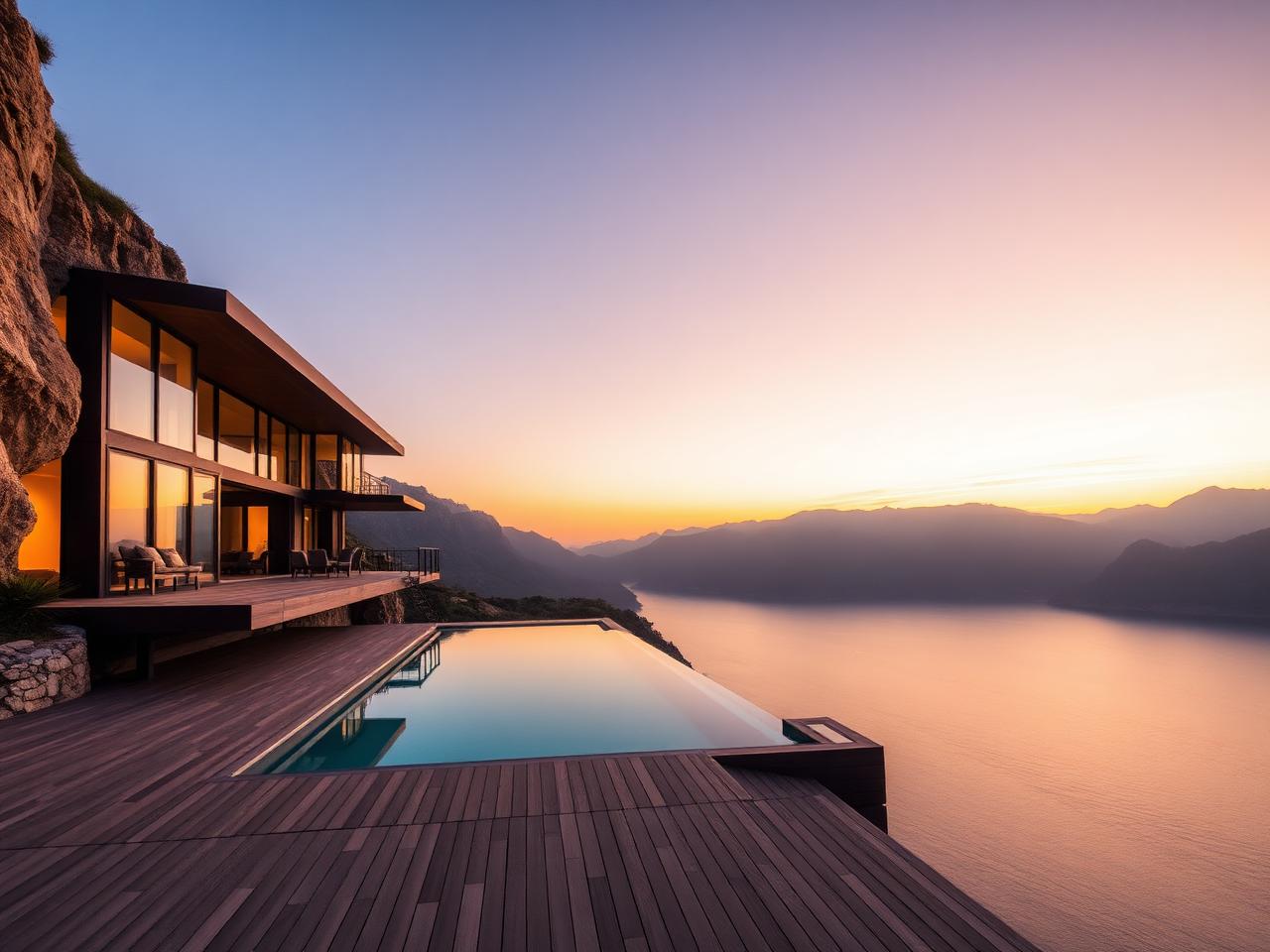 Cliffside modern residence at dusk